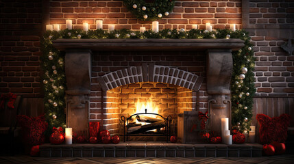 Fototapeta premium Cozy Fireplace with Garlands and Wreaths