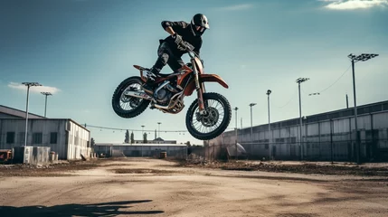 Foto op Plexiglas motocross rider jump on the road © Johnny arts