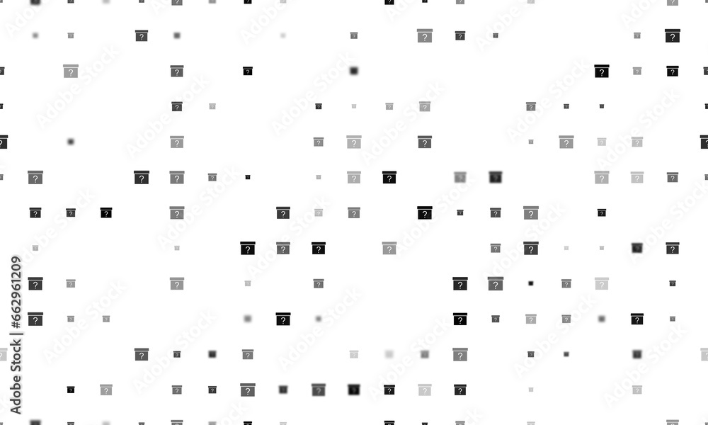 Poster seamless background pattern of evenly spaced black gift box with a question symbols of different siz