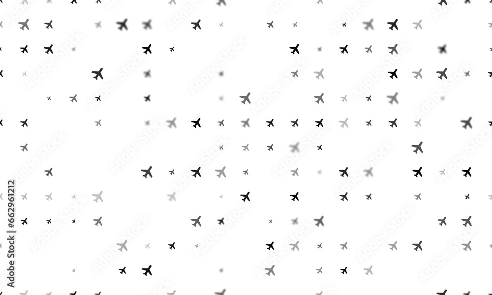 Poster seamless background pattern of evenly spaced black plane symbols of different sizes and opacity. ill