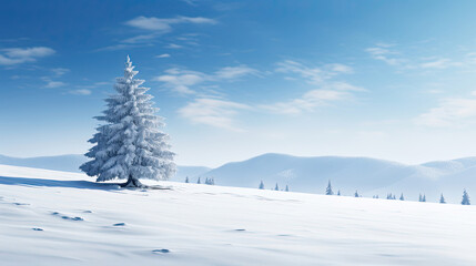 Tranquil Winter Landscape with Isolated Fir Tree in Snowy Meadow for Wallpaper