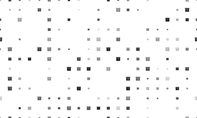 Seamless background pattern of evenly spaced black gift box with a question symbols of different sizes and opacity. Illustration on transparent background