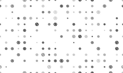 Seamless background pattern of evenly spaced black beach ball symbols of different sizes and opacity. Illustration on transparent background