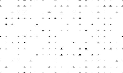 Seamless background pattern of evenly spaced black sunrise at sea symbols of different sizes and opacity. Illustration on transparent background