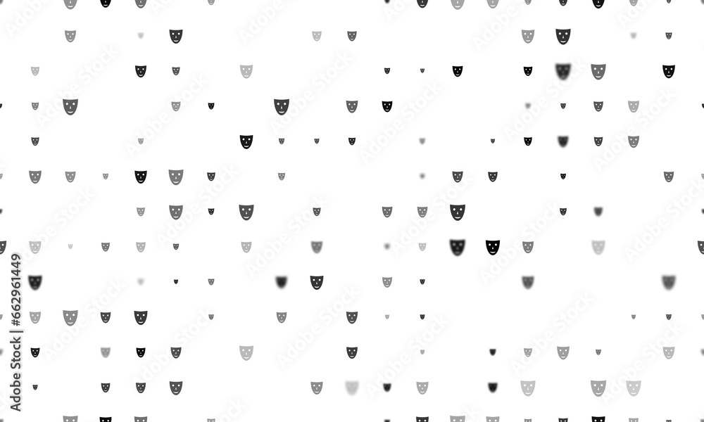 Poster seamless background pattern of evenly spaced black theatrical masks of different sizes and opacity. 
