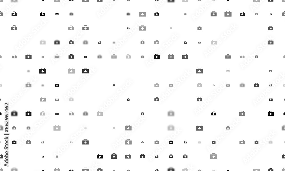 Poster seamless background pattern of evenly spaced black first aid symbols of different sizes and opacity.