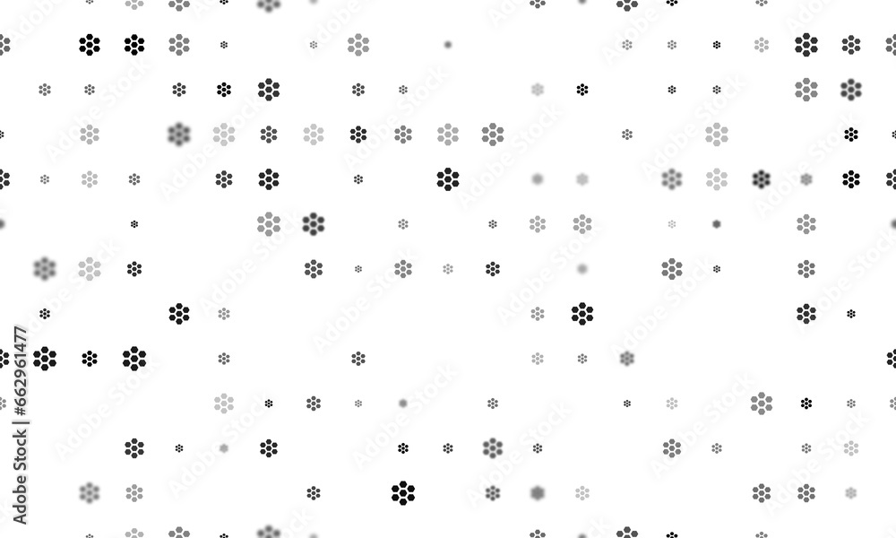 Poster seamless background pattern of evenly spaced black hive symbols of different sizes and opacity. illu