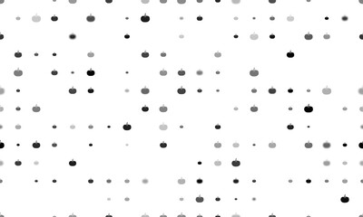 Seamless background pattern of evenly spaced black pumpkin symbols of different sizes and opacity. Illustration on transparent background