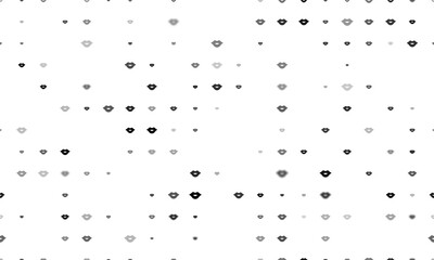 Seamless background pattern of evenly spaced black lips symbols of different sizes and opacity. Illustration on transparent background