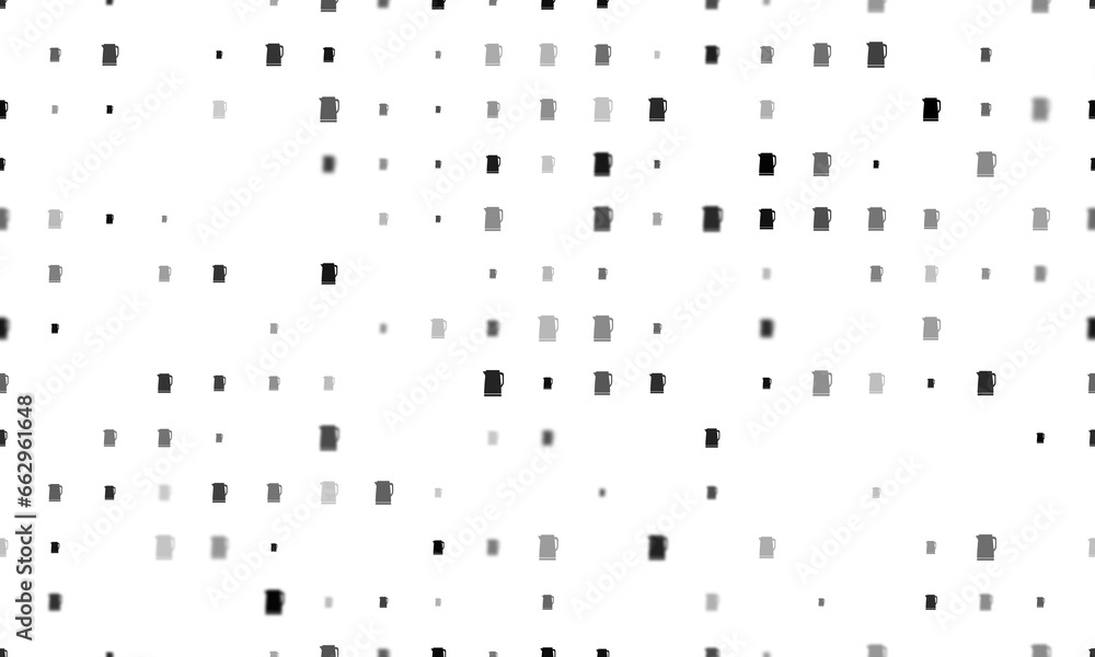 Poster seamless background pattern of evenly spaced black kettle symbols of different sizes and opacity. il