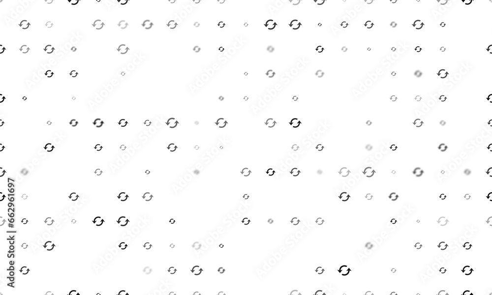Poster seamless background pattern of evenly spaced black refresh symbols of different sizes and opacity. i