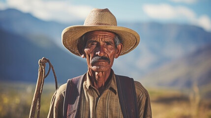 Fototapeta premium Weathered Latino Farmer in Straw Hat Working the Latin American Fields