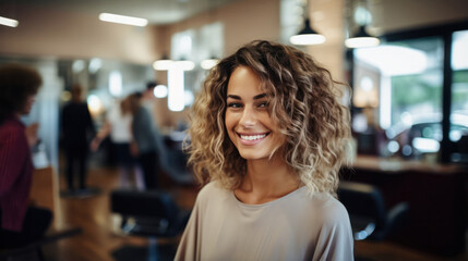 Open Shot of a Radiant Smiling Woman with Curly Blonde Hair in Beauty Salon