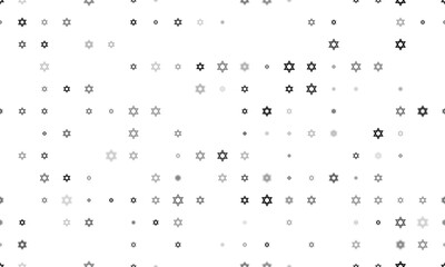 Seamless background pattern of evenly spaced black star of David symbols of different sizes and opacity. Illustration on transparent background