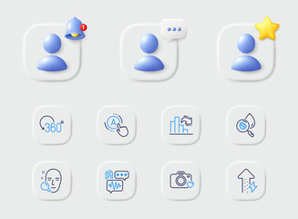 Decreasing graph, Water analysis and Biometric security line icons. Placeholder with 3d star, reminder bell, chat. Pack of Full rotation, Ab testing, Photo camera icon. Vector