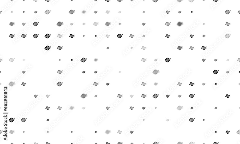 Poster seamless background pattern of evenly spaced black digital tech symbols of different sizes and opaci