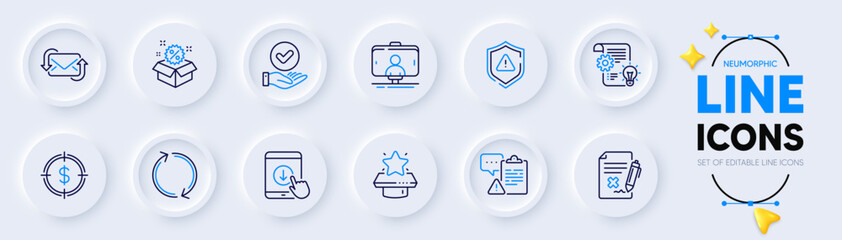 Attention, Scroll down and Approved checkbox line icons for web app. Pack of Reject file, Winner podium, Cogwheel pictogram icons. Dollar target, Clipboard, Selfie stick signs. Sale. Vector