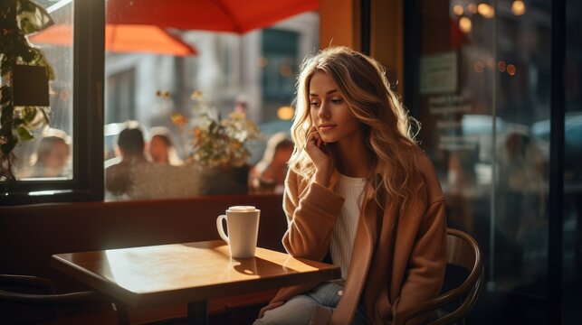 Woman alone in cafe, AI generated Image