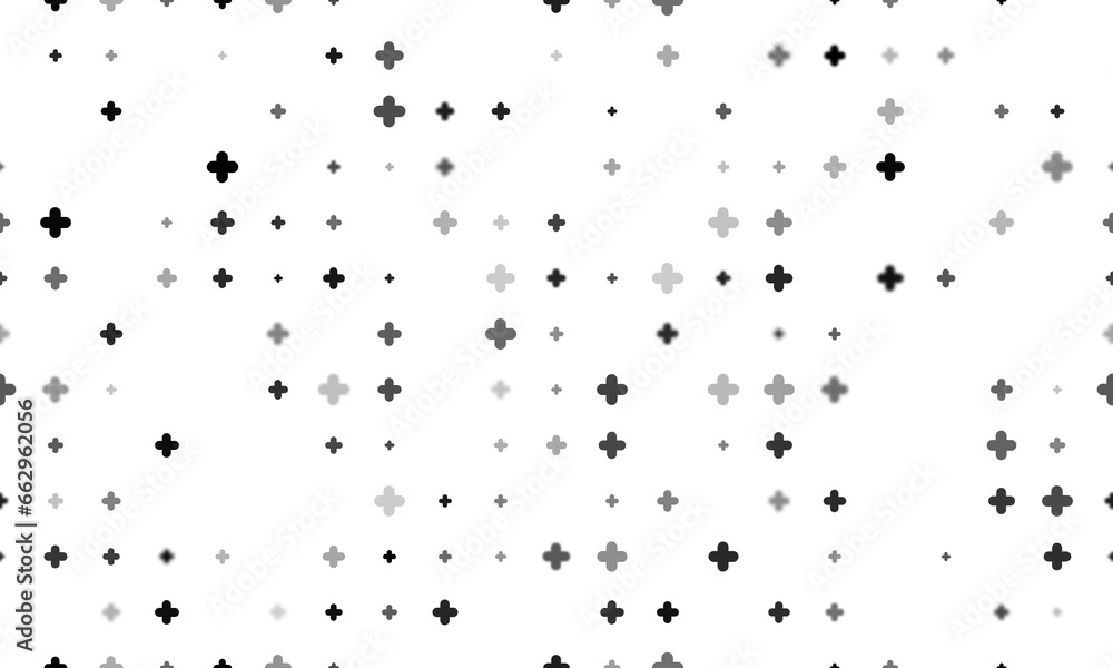 Poster seamless background pattern of evenly spaced black quatrefoil symbols of different sizes and opacity