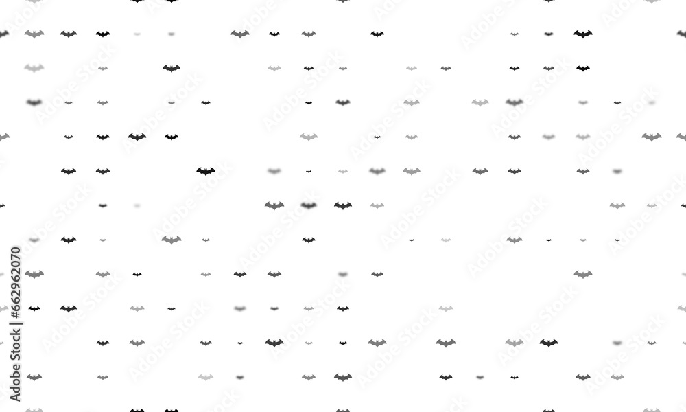 Poster seamless background pattern of evenly spaced black bat symbols of different sizes and opacity. illus