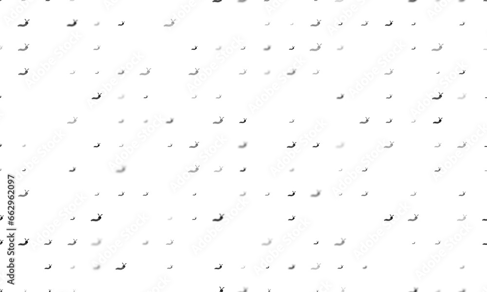 Poster seamless background pattern of evenly spaced black caterpillar symbols of different sizes and opacit