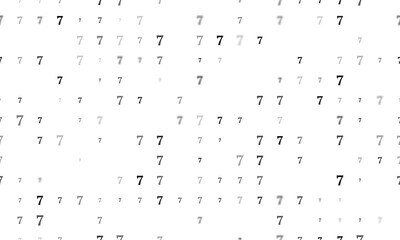 Seamless background pattern of evenly spaced black number seven symbols of different sizes and opacity. Illustration on transparent background