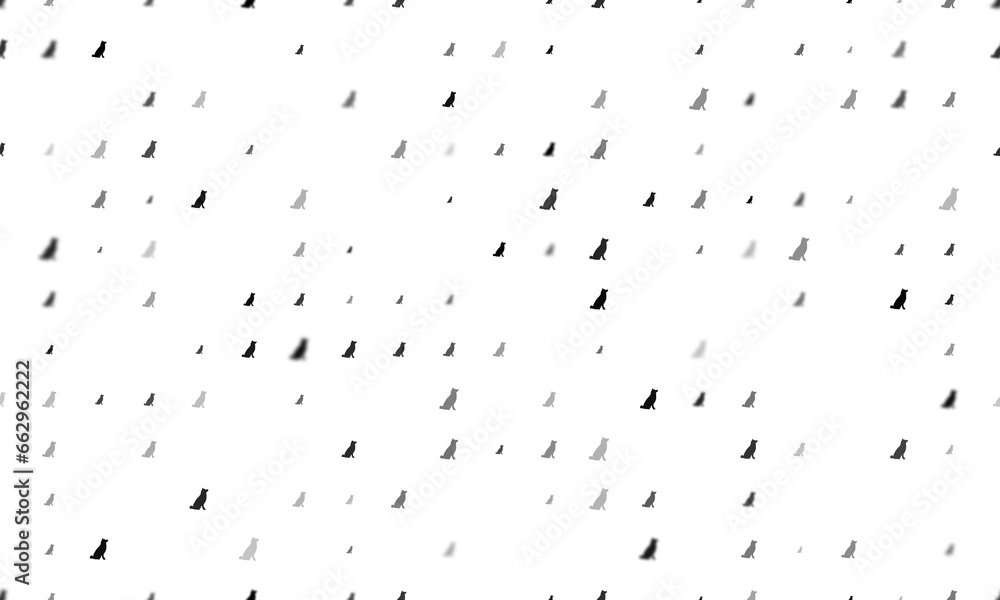 Poster seamless background pattern of evenly spaced black dog symbols of different sizes and opacity. illus