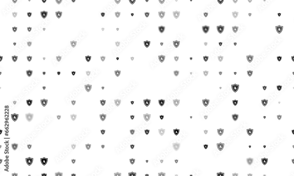Poster seamless background pattern of evenly spaced black fire protection symbols of different sizes and op