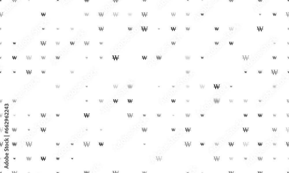 Poster seamless background pattern of evenly spaced black korean won signs of different sizes and opacity. 