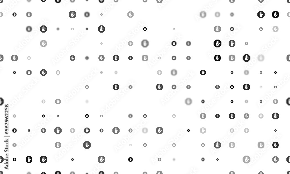 Poster seamless background pattern of evenly spaced black stop hand symbols of different sizes and opacity.