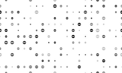 Seamless background pattern of evenly spaced black no entry road signs of different sizes and opacity. Illustration on transparent background