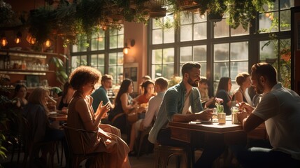 The cafe was full of customers, AI generated Image - obrazy, fototapety, plakaty