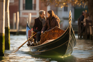 A couple enjoying a romantic gondola ride in the canals of Venice.  - obrazy, fototapety, plakaty