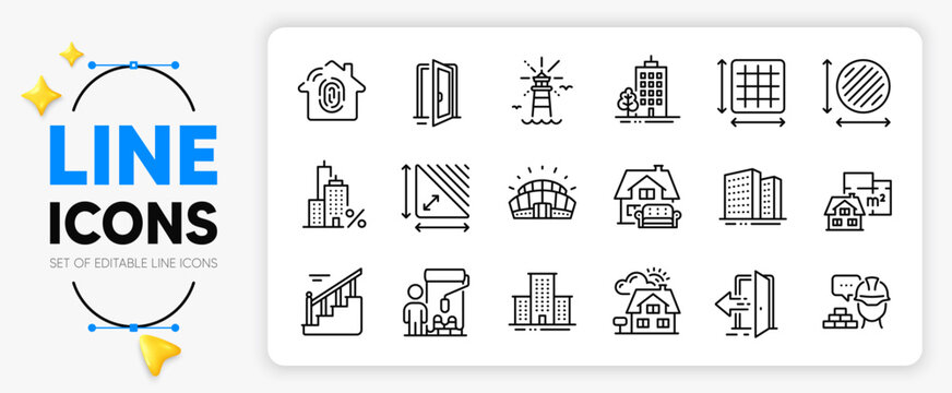 Realtor, Skyscraper buildings and Painter line icons set for app include Open door, Sports stadium, Lighthouse outline thin icon. Circle area, University campus, Buildings pictogram icon. Vector