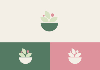 Logo, proper nutrition. Plate with leaves and berries. Minimalism. Pastel colors.
