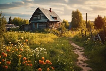 Picturesque countryside scenery with classic village and Ukrainian house. Generative AI