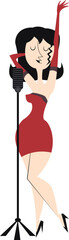 Retro singer. Beautiful woman sings. Style 60s, 70s, 80s. woman in a red dress. Flat drawing. Retro style. creative design for your t-shirt, room, poster. Good comic. Isolated drawing.