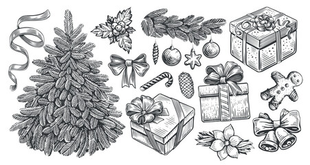 Christmas holiday concept in engraving style. Hand drawn vintage sketch vector illustration