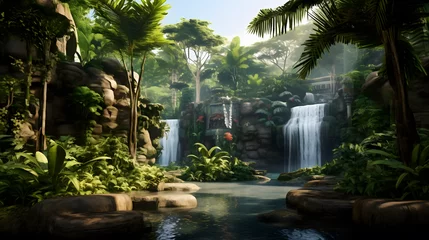 Foto op Canvas A tropical jungle setting with gently swaying palm trees and a cascading waterfall in the background.  © Finn