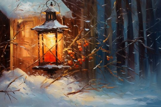 Outdoor oil painting of a Christmas lantern with a small tree in a pot, in a winter holiday snowy scene. The lantern burns in the evening, creating a beautiful background with. Generative AI