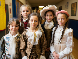 Children dressed up as iconic historical figures showcasing their projects at a school event.  - obrazy, fototapety, plakaty
