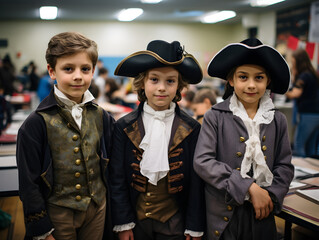 Children dressed up as iconic historical figures showcasing their projects at a school event.  - obrazy, fototapety, plakaty