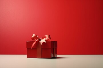 Red gift box with ribbon bow and empty space. Generative AI