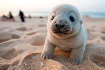 Baby seal on the beach at sunset - obrazy, fototapety, plakaty