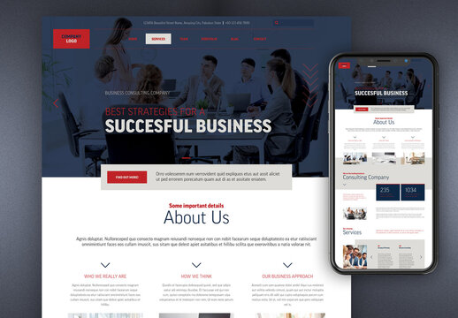 Website Layout for Business Presentation with Blue and Red Accents