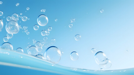 Floating bubbles rising against a soft blue backdrop creating a calming effect.  - obrazy, fototapety, plakaty