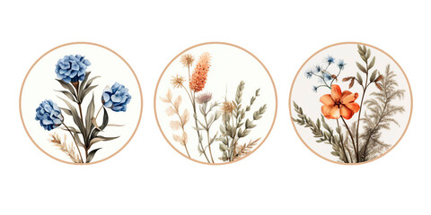 Set of watercolor floral compositions with wildflowers and leaves