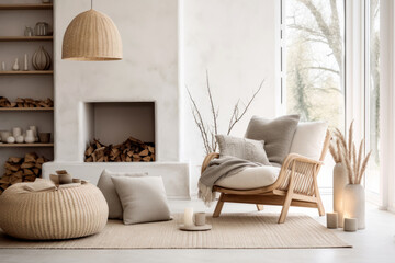 Scandi-Boho living room interior with wooden armchair
