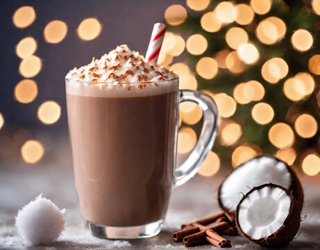 new year's cocoa with marshmallows, hot chocolate, delicious, joyful, bokeh, christmas mood, a cup of winter hot cocoa