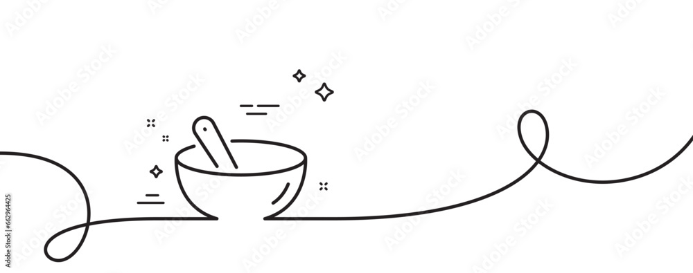 Poster cooking mix line icon. continuous one line with curl. bowl with spoon sign. food preparation symbol.